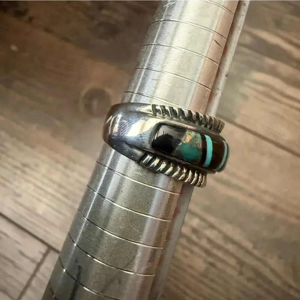 Southwestern Sterling Silver Turquoise & Black Onyx Inlay Band Ring New